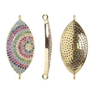 Link, cubic zirconia and gold-finished brass, multicolored, 25x13.5mm single-sided domed marquise with circle design. Sold individually.