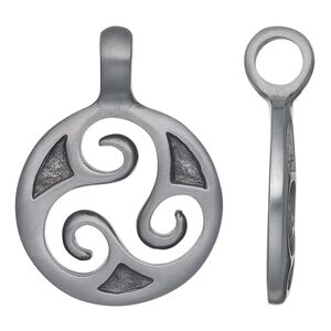 Pendant, "pewter" (zinc-based alloy), 36x25mm single-sided round with triskele design. Sold individually.