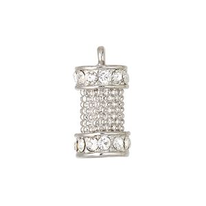 Cord end, glue-in, glass rhinestone and imitation rhodium-plated "pewter" (zinc-based alloy), clear, 20x12mm round tube, 5.5mm inside diameter. Sold individually.