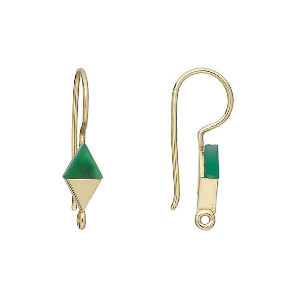 Ear wire, green onyx (dyed) and gold-finished sterling silver, 24mm fishhook with 10x6mm hand-cut diamond and loop, 19 gauge. Sold per pair. image number 0