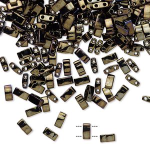 Seed bead, TILA®, glass, pkg/250g, 5x2.3mm half tila rectangle, opaque metallic rainbow dark olive, (HTL-458).