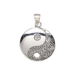 Pendant, antiqued sterling silver, 21mm single-sided domed round with textured and smooth yin-yang design and 3.2mm bottom hole. Sold individually.