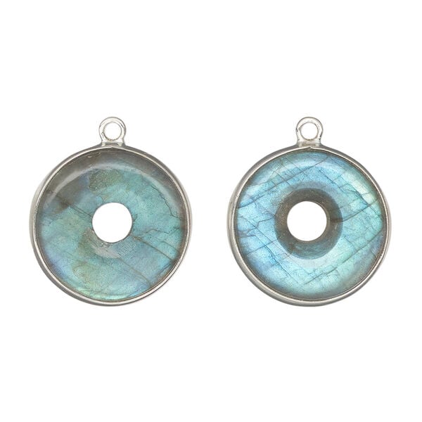 Drop, labradorite (natural) and sterling silver, 16mm donut focal drop. image number 0