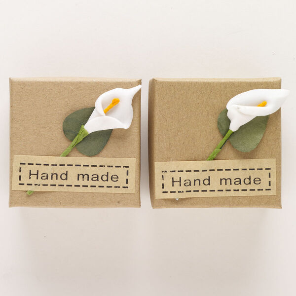 Ring box, paper, multicolored, 2 x 2 x 1-1/4 inch square with calla lily and "Hand made" label. Sold per pkg of 2. image number 0