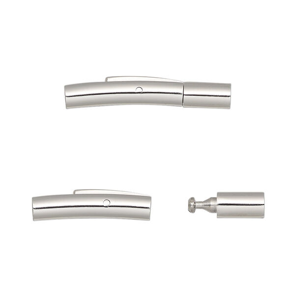 Clasp, bullet, stainless steel, 25x5mm curved round tube with push button and glue-in ends, 2mm inside diameter. Sold individually. image number 0