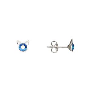 Earstud, Create Compliments®, sterling silver and crystal, blue, 6.5x6mm cat. Sold per pair.