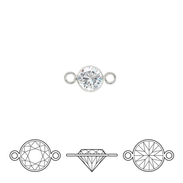 Link, cubic zirconia and sterling silver, clear, 6.5mm round with 6mm faceted round. Sold individually. image number 0