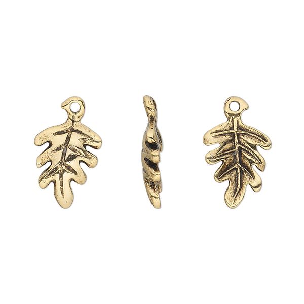 Charm, pewter (tin-based alloy), pkg/1, antique gold plate, 13x10mm double-sided oak leaf. image number 0