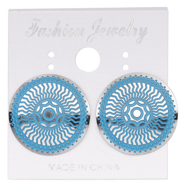 Earstud, stainless steel, blue patina, 20mm round with sun and wavy line design. Sold per pair. image number 0