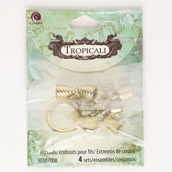 Clasp assortment, fold-over / lobster claw / hook, "pewter" (zinc-based alloy) and steel, pkg/4, gold finish, assorted sizes and shapes. image number 0