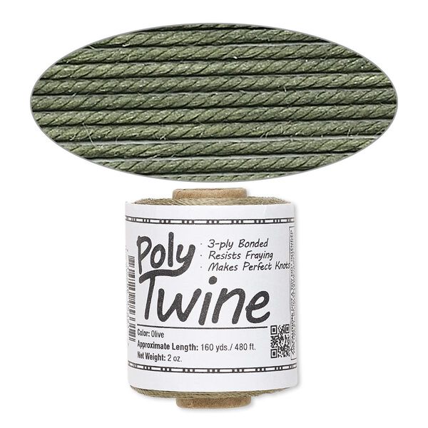Cord, 3-ply bonded polyester twine, olive, 1mm diameter. Sold per 2-ounce spool. image number 0