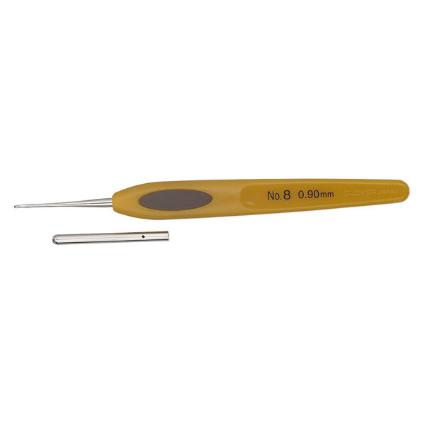 Crochet hook, Clover, steel and resin, 5 inches with #8/0.90mm hook, fits thread size 40-60 and dead-soft wire gauge 30-26. Sold individually. image number 0