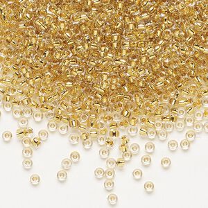 Seed bead, Miyuki, glass, pkg/250g, #11 rocaille, translucent 24Kt gold-lined crystal gold, (RR-195).
