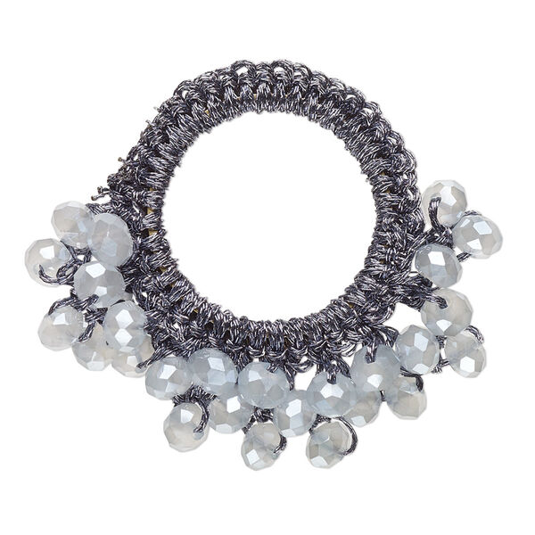 Focal, glass / nylon / steel, dark grey, 34x32mm-37x34mm open round with fringe. Sold per pkg of 4. image number 0