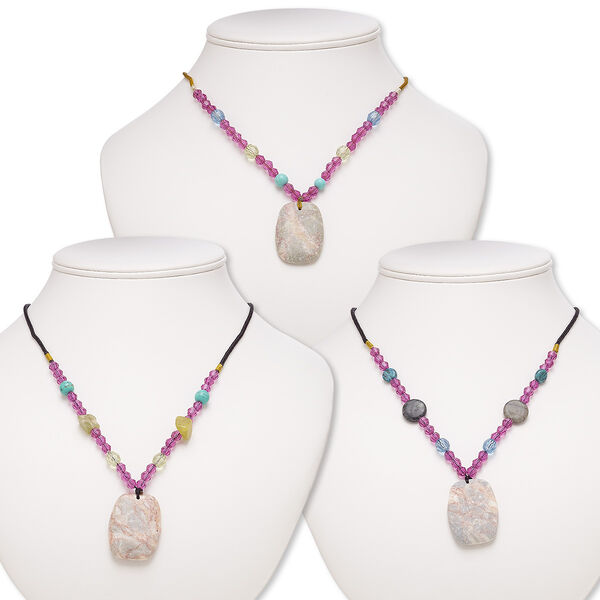 Component mix, redline marble / multi-gemstone (natural / dyed) / acrylic / nylon / glass, multicolored, 36x26mm-38x28mm barrel, 20-inch continuous loop. Sold per pkg of 3. image number 0