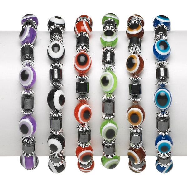 Bracelet, stretch, Hemalyke™ (man-made) and resin, multicolored, oval with wards off the evil eye design, 5-1/2 inches. Sold per pkg of 6. image number 0