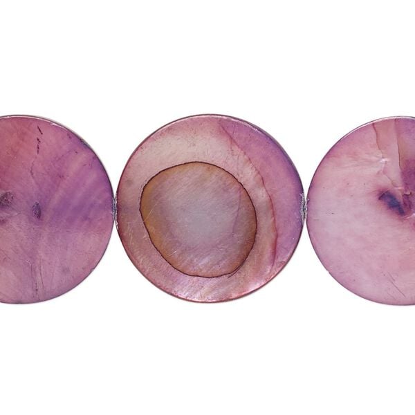 Bead, mother-of-pearl shell (dyed), violet, 20mm flat round with 0.6-1mm hole, Mohs hardness 3-1/2. Sold per 15-inch strand. image number 0
