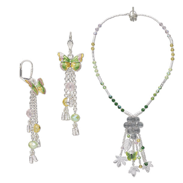 Necklace and earring set, One of a Kind Jewelry, silver-finished brass / enamel / glass, yellow and green, 20-inch necklace. Only one available. image number 0