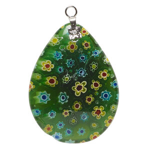 Focal, millefiori glass and silver-finished steel 1pkg1, translucent green and multicolored, 39x29mm-40x30mm puffed teardrop.