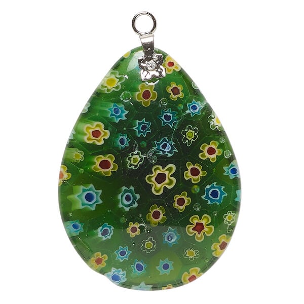 Focal, millefiori glass and silver-finished steel 1pkg1, translucent green and multicolored, 39x29mm-40x30mm puffed teardrop. image number 0