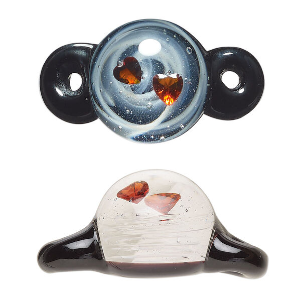 Link, lampworked glass, multicolored, 20mm round with 2 hearts. Sold individually. image number 0