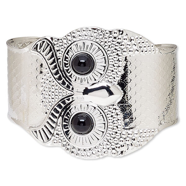 Bracelet, cuff, acrylic and imitation rhodium-plated steel, black, 52mm wide with owl design, adjustable. Sold individually. image number 0