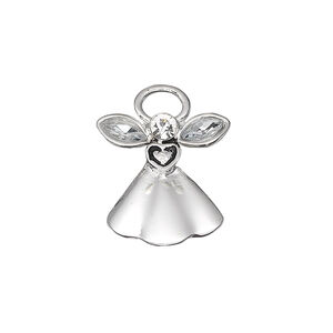 Charm, antique silver-plated "pewter" (zinc-based alloy) and crystal, clear, 18x17mm single-sided angel with crystal wings and face. Sold per pkg of 2.