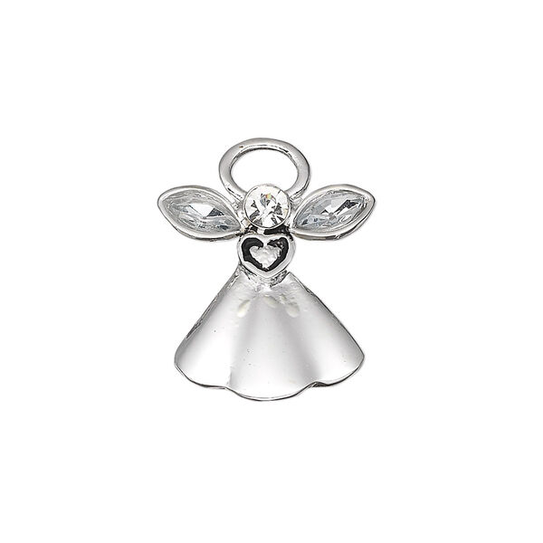 Charm, antique silver-plated "pewter" (zinc-based alloy) and crystal, clear, 18x17mm single-sided angel with crystal wings and face. Sold per pkg of 2. image number 0
