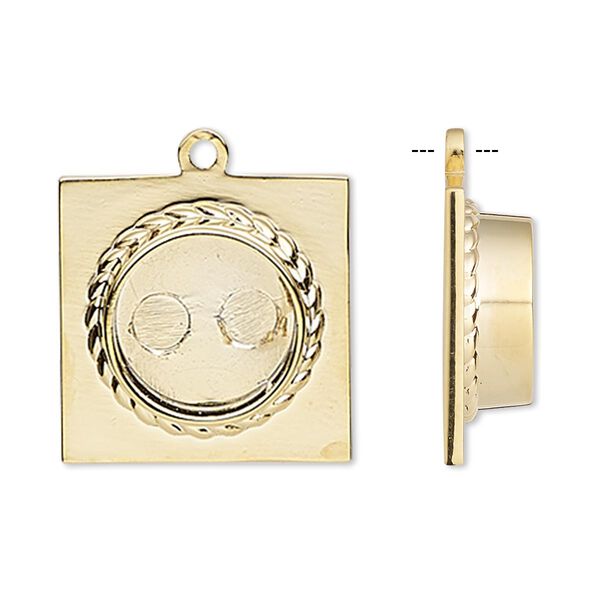 Drop, gold-plated "pewter" (zinc-based alloy), 20x20mm square with 12mm non-calibrated round setting. Sold per pkg of 2. image number 0