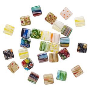 Bead mix 1pkg1, millefiori glass, opaque to transparent multicolored, 10mm cube with 0.4-0.6mm hole. 2-ounce pkg, approximately 25-30 beads.