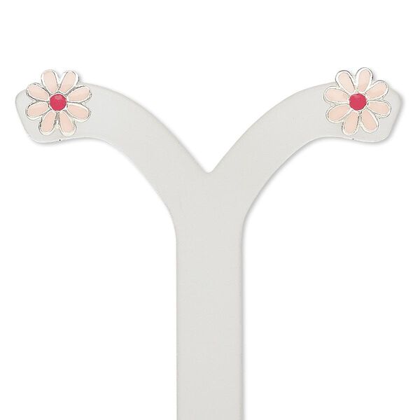 Earring, enamel and sterling silver, light pink and red, 8x8mm daisy with post. Sold per pair. image number 0