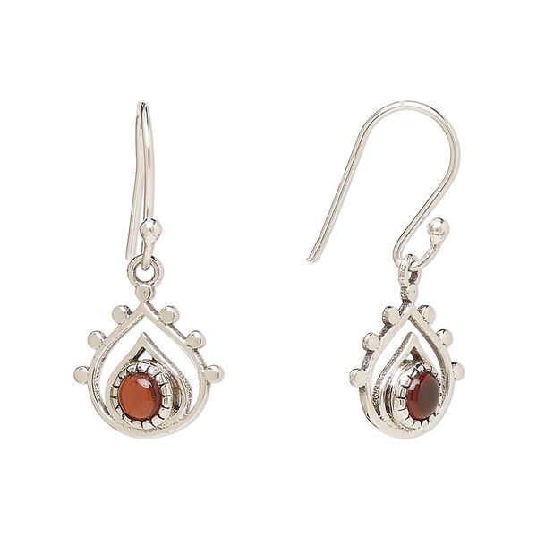Ear wire, Create Compliments®, antiqued sterling silver and garnet (natural), fishhook, 26.5mm with 13x12.5mm single-sided open teardrop, 21 gauge. Sold per pair. image number 0