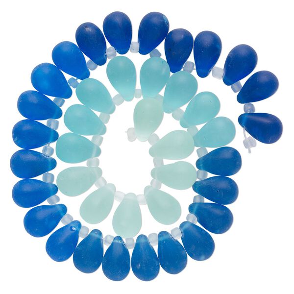 Bead, glass, translucent matte pale blue, blue and royal blue, 16x10mm top-drilled teardrop with irregular rondelles. Sold per 14-inch strand. image number 0