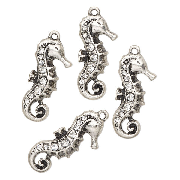 Focal, antique silver-finished "pewter" (zinc-based alloy) and glass, clear, 30x13mm seahorse. Sold per pkg of 4. image number 0