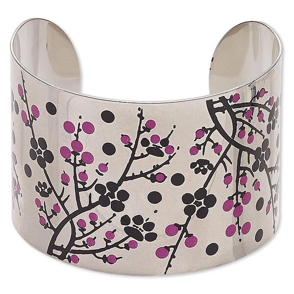 Bracelet, cuff, imitation rhodium-finished carbon steel, black and pink, 46mm wide with cherry blossom design, adjustable from 7-8 inches. Sold individually. image number 0