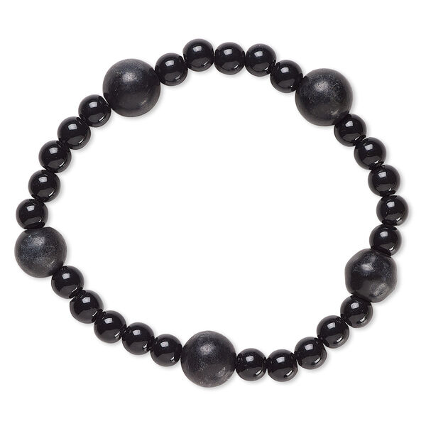 Bracelet, stretch, blackstone (dyed) and acrylic, black, 5mm and 9-10mm round, 6 inches. Sold individually. image number 0