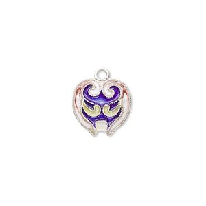 Drop, sterling silver with cloisonné, blue, 14x12mm mask. Sold individually.