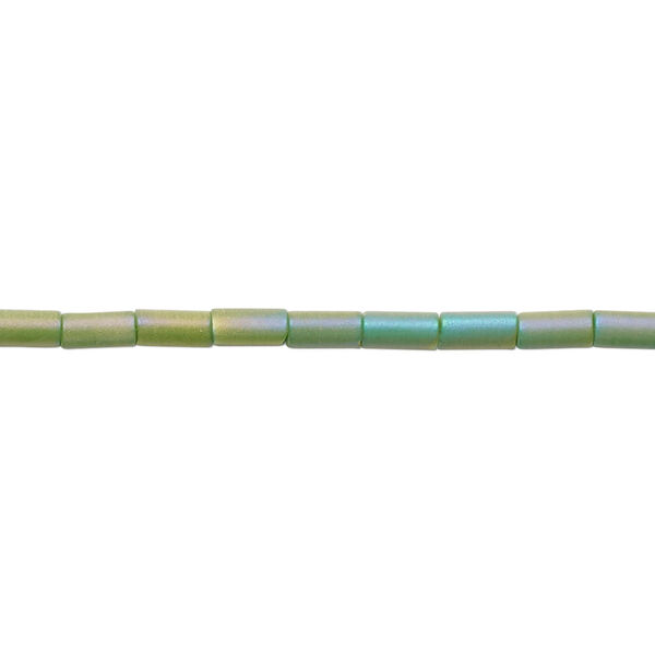 Bead, glass, translucent matte green AB, 5x2.5mm round tube. Sold per 15-1/2 to 16-inch strand. image number 0