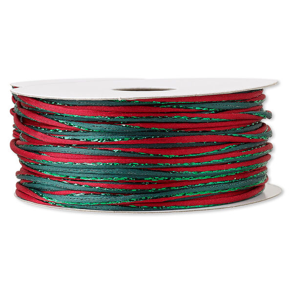Cord, Satinique™, nylon and polyester, green and red, 2mm regular with vertical stripe. Sold per 100-foot spool. image number 0