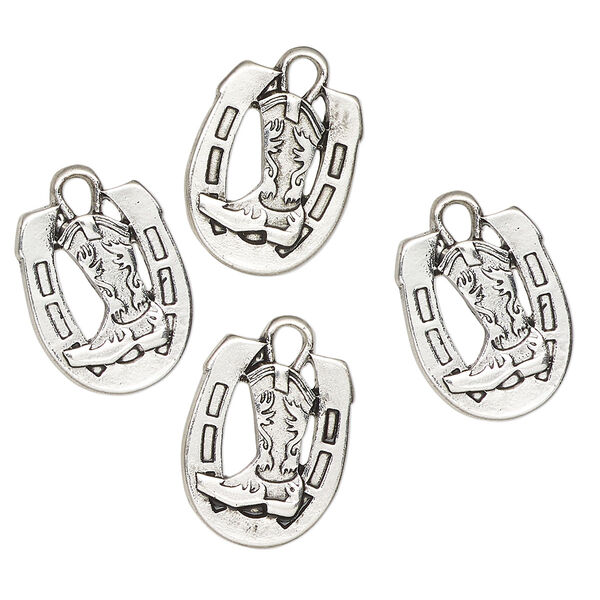 Charm, antique silver-finished "pewter" (zinc-based alloy), 15x13mm horseshoe with cowboy boot. Sold per pkg of 4. image number 0