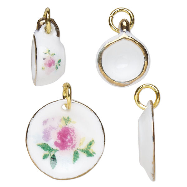 Charm, ceramic and gold-finished steel, multicolored, 16x7mm and 19mm 3D cup and saucer with floral design and jump ring. Sold per pkg of (2) 2-piece sets. image number 0