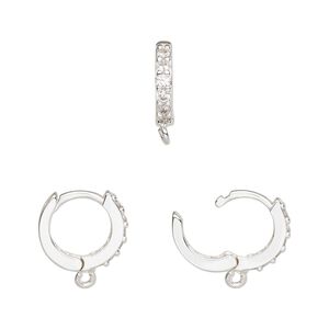Hoop, silver-finished brass and cubic zirconia, clear, 13mm hoop, 17 gauge. Sold per pair.