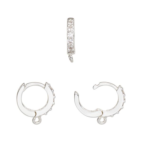 Hoop, silver-finished brass and cubic zirconia, clear, 13mm hoop, 17 gauge. Sold per pair. image number 0