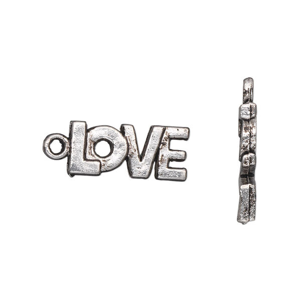 Charm, antique silver-plated "pewter" (zinc-based alloy), 17x8mm single-sided "LOVE." Sold per pkg of 20. image number 0