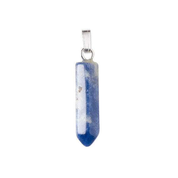 Pendant, sodalite (natural) and silver-plated "pewter" (zinc-based alloy), 21x6mm point. Sold individually. image number 0