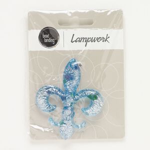 Focal, lampworked glass, opaque and translucent aqua blue / dark blue / green, 60x49mm fleur-de-lis with silver-colored foil. Sold individually.
