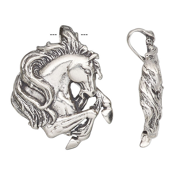 Pendant, antiqued sterling silver, 31x26mm single-sided stallion with hidden bail. Sold individually. image number 0