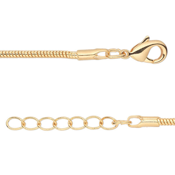 Chain, gold-finished brass, 2mm snake, 24 inches with 1-inch extender chain and lobster claw clasp. Sold per pkg of 2. image number 0