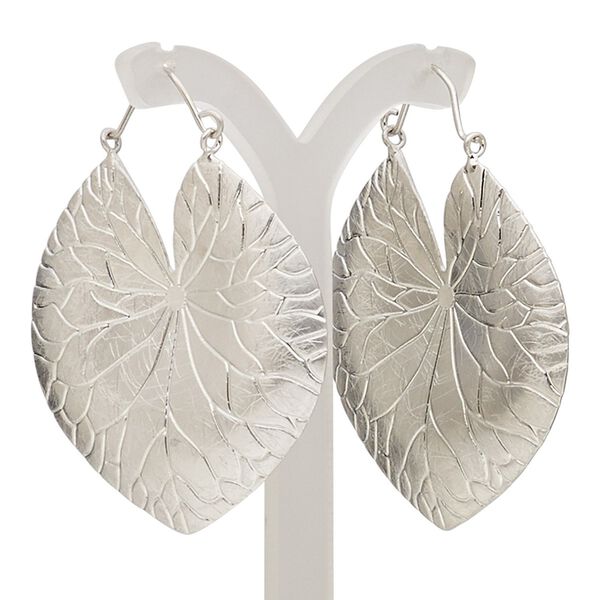 Earring, imitation rhodium-plated brass and steel, 45mm with scratched elephant ear leaf and hinged ear wire. Sold per pair. image number 0