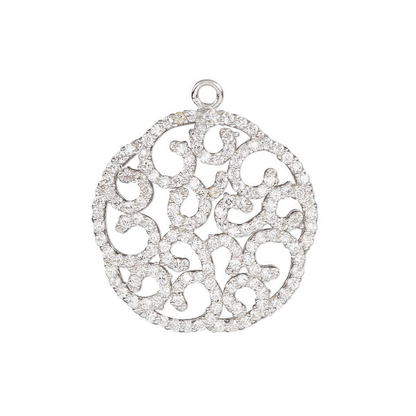 Drop, cubic zirconia and rhodium-plated sterling silver, clear, 24mm single-sided round with fancy design. Sold individually. image number 0